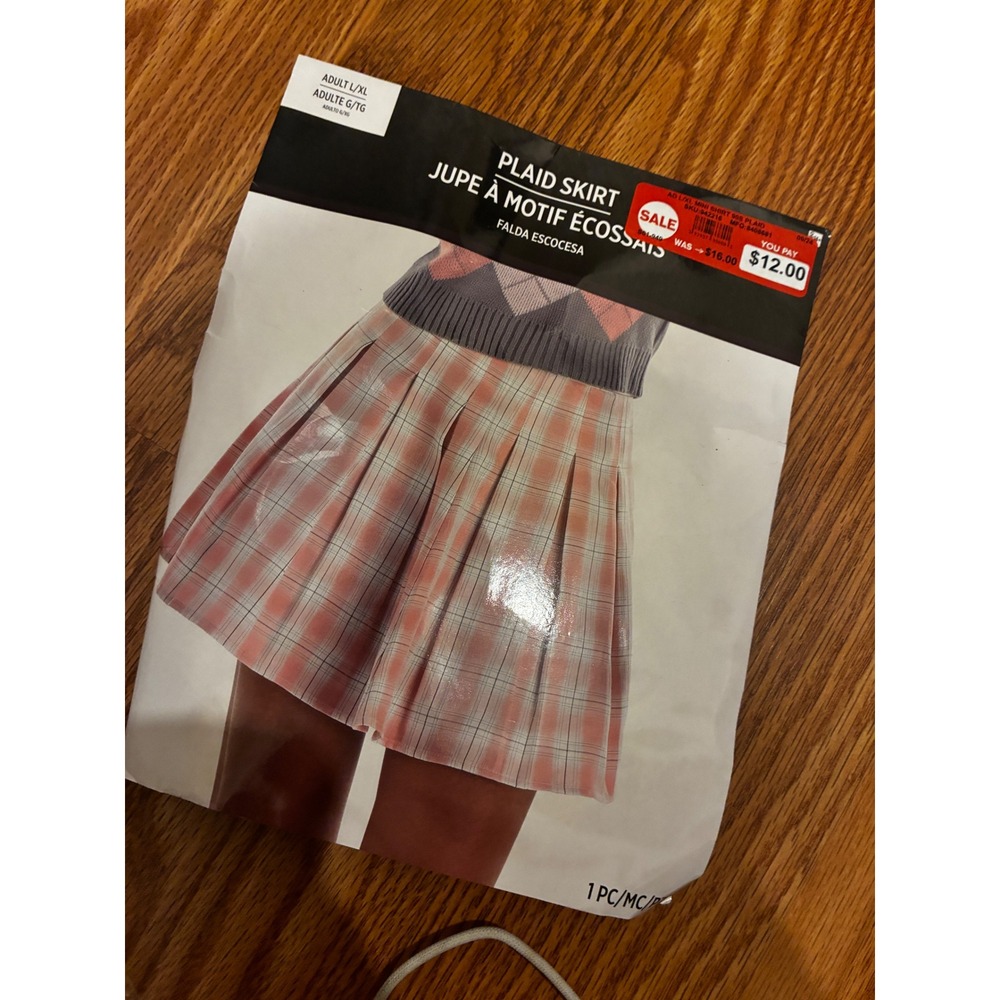 Amscan Plaid Pleated Mini Skirt Schoolgirl Y2K Academic L/XL Costume Pink White
